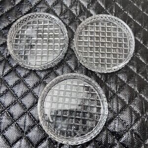 Vintage Set of 3 Crystal Glass Coasters Waffle Grid Diamond Cut Rim Clear 3 inch